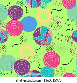 Memphis style seamless pattern, abstract elements, bright background, Hipster style 80s-90s,  vector illustration