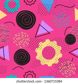 Memphis style seamless pattern, abstract elements, bright background, Hipster style 80s-90s,  vector illustration