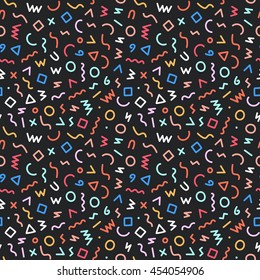 Memphis style seamless pattern. Abstract vector illustration with geometric elements, shapes.