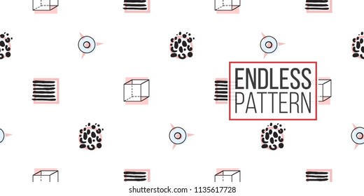 Memphis style seamless pattern with animal print circles, striped frames, stars, cubes. 