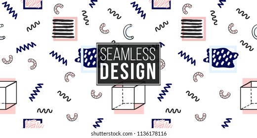 Memphis style seamless pattern with animal striped square, abstract rain, zig-zag line, wave line, cube, pink blue confetti elements. 