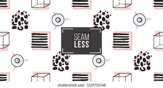 Memphis style seamless pattern with animal print circles, striped frames, stars, cubes. 