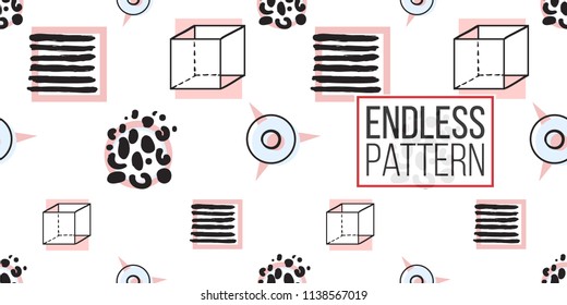 Memphis style seamless pattern with animal print circles, striped frames, stars, cubes. 