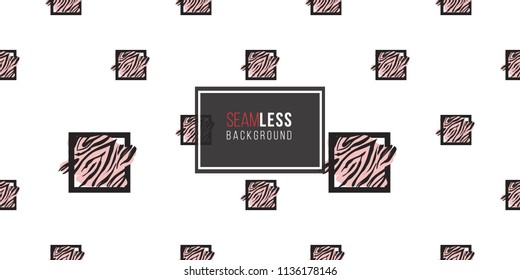 Memphis style seamless pattern with black and pink animal striped square elements. Modern hipster pop art design. Vector graphic black line on white background