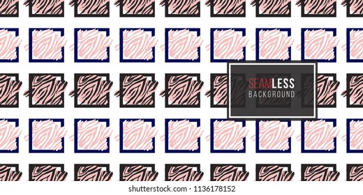 Memphis style seamless pattern with black, white and pink animal striped squares. Modern hipster pop art design. 