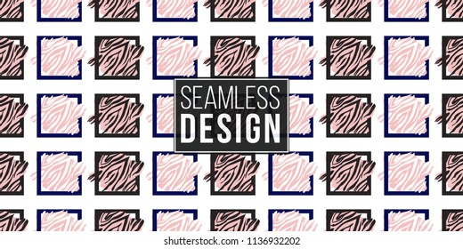 Memphis style seamless pattern with black, white and pink animal striped squares. Modern hipster pop art design. 