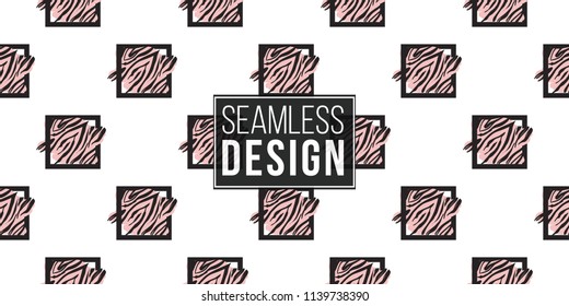 Memphis style seamless pattern with black and pink animal striped square elements. Modern hipster pop art design. Vector graphic black line on white background