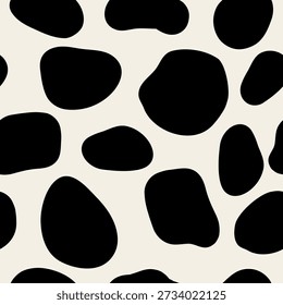 Memphis style seamless pattern. Black and white cow or Dalmatian dog spot print. Funky background for wrapping paper and fabric. Creative abstract trendy design with basic animal skin blob shapes. Repeating graphic elements. Vector illustration