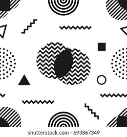 Memphis style seamless pattern. Black white background 80s, 90s retro fashion design. Abstract doodle illustration with circles dots zigzag.