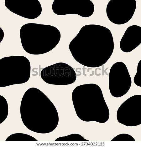 Memphis style seamless pattern. Black and white cow or Dalmatian dog spot print. Funky background for wrapping paper and fabric. Creative abstract trendy design with basic animal skin blob shapes. Repeating graphic elements. Vector illustration