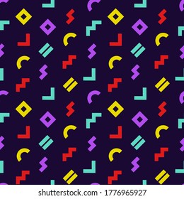 Memphis style seamless pattern. Colorful geometric diagonal oriented shapes background with dark backdrop. Vector. Wrapping paper texture. Abstract cover design. Pattern template in swatches panel.