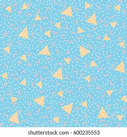 Memphis style seamless pattern. Colorful geometric trend. Bright abstract background for banner, ticket, leaflet, card, poster, annual report and so on.