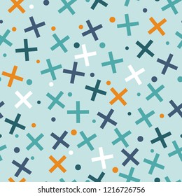 Memphis style seamless pattern. Crosses and circles. Abstract background. Blue, Orange and White