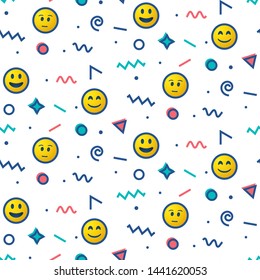 Memphis style seamless pattern with emojis - repeat pattern with geometric memphis design and cute emoticon characters on white background