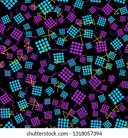 Memphis style seamless pattern. Geometric chaotic for sportswear snowboard on black background.