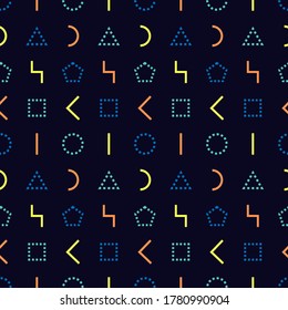 Memphis style seamless pattern. Geometric dashed and solid line shapes with dark backdrop. Vector illustration. Wrapping paper texture. Abstract cover design. Pattern template in swatches panel.