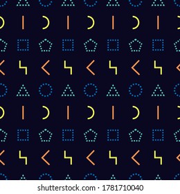 Patrón sin fisuras del estilo Memphis. Formas geométricas de línea discontinua y sólida con fondo oscuro. Vector. Envuelto textura de papel. Diseño abstracto de la cubierta. Plantilla de patrón en el panel de swatches.