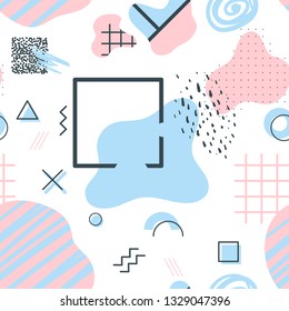 Memphis style seamless pattern with geometrical and liquid abstract shapes. Vector illustration.