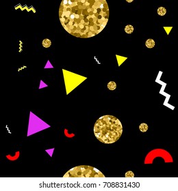 Memphis style seamless pattern with golden glitter circles