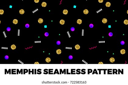Memphis style seamless pattern with golden glitter circles