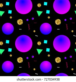 Memphis style seamless pattern with golden glitter circles