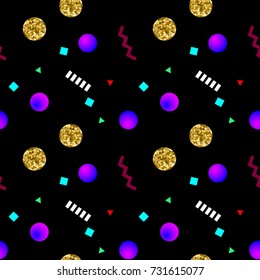 Memphis style seamless pattern with golden glitter circles