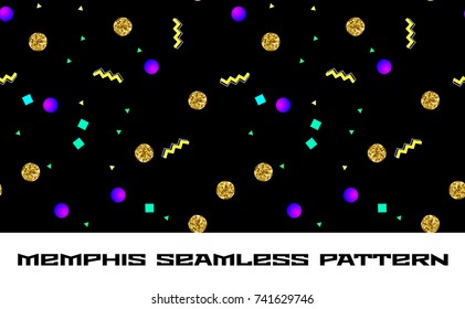 Memphis style seamless pattern with golden glitter circles