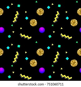 Memphis style seamless pattern with golden glitter circles