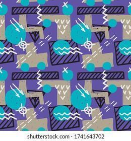 Memphis style seamless pattern. Grunge vector texture. Childish style design with geometric shapes and sketched lines.