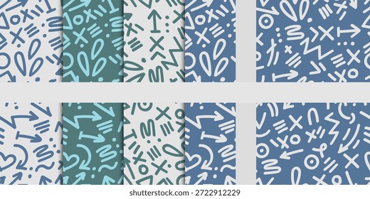 Memphis Style Seamless Pattern Hand Drawn Collection. Vector Illustration