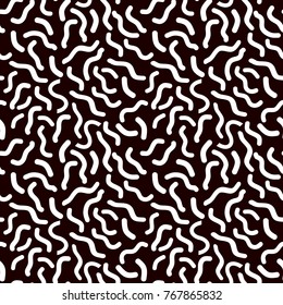Memphis style seamless pattern on black background. Fashion 80-90s. Geometric seamless pattern different shapes  white color style. Vector Illustration