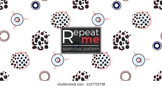 Memphis style seamless pattern with pink blue polka dots, animal print circles, stars. 