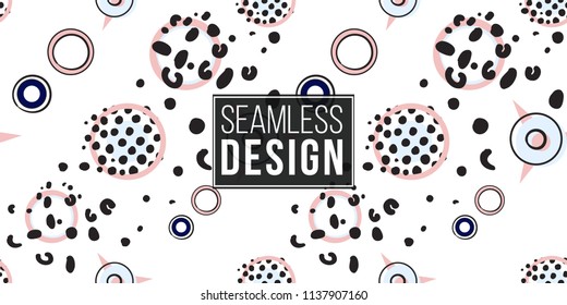 Memphis style seamless pattern with pink blue polka dots, animal print circles, stars. 