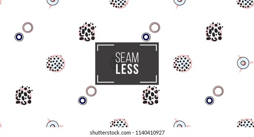 Memphis style seamless pattern with pink blue polka dots, animal print circles, stars. 