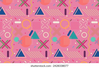 Memphis style, seamless pattern, retro style, textures, patterns, geometric elements, modern abstract design, poster, cover, for website, wallpaper, flyer, brochure, cover, cards, backgrounds, creativ