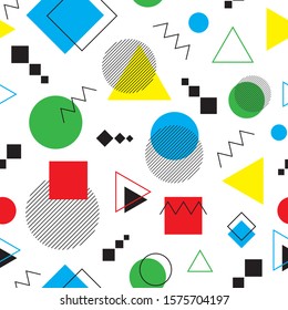 Memphis style seamless pattern with square, circle, triangle and zigzag