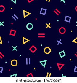 Memphis style seamless pattern. Vector. Colorful geometric background with dark backdrop. Wrapping paper texture 80-90s style . Minimal abstract cover design. Pattern template in swatches panel.
