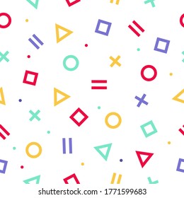 Memphis style seamless pattern. Vector. Colorful geometric background with white backdrop. Wrapping paper texture 80-90s style. Minimal abstract cover design. Pattern template in swatches panel.