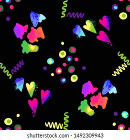 Memphis style seamless pattern with watercolor hearts, rainbow leopard tracery, dots, fun wave. Vector seamless pattern - fashion 90s design. Multicolor gradient on black background.