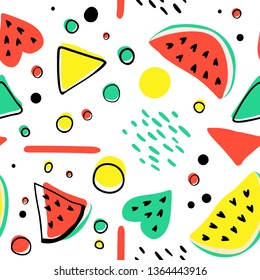 Memphis style seamless pattern with watermelons and geometric figures. Bright summer background. 
