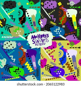 Colección de patrones sin fisuras de estilo Memphis, conjunto de fondos de vector vibrante