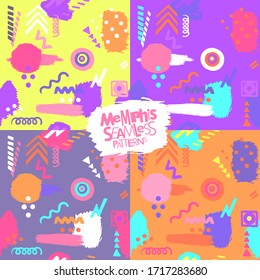Memphis style seamless patterns, vibrant vector backgrounds set
