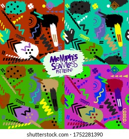 Memphis style seamless patterns, vibrant vector backgrounds