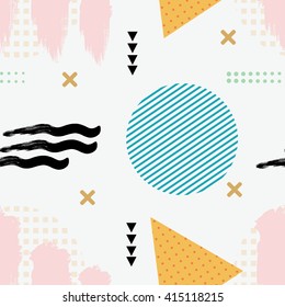 Memphis style. Seamless texture of fabric. Memphis pattern with geometric design elements. Seamless illustration of abstract elements. Stock vector