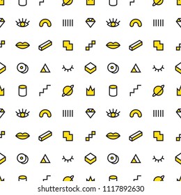 Memphis style seamless vector pattern with modern geometric shapes. Various outline icons. Trendy monochrome abstract background. Creative repeating texture. Stylish objects; lips, eye, diamond, crown