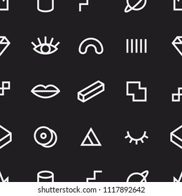 Memphis style seamless vector pattern with modern geometric shapes. Various outline icons. Trendy monochrome abstract background. Creative repeating texture. Stylish objects; lips, eye, diamond, crown