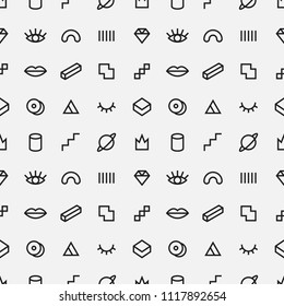 Memphis style seamless vector pattern with modern geometric shapes. Various outline icons. Trendy monochrome abstract background. Creative repeating texture. Stylish objects; lips, eye, diamond, crown