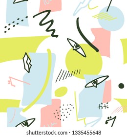Memphis style seamless vector pattern with doodle abstract face- lips, eyes, noses and irregular geometric shapes. Pastel bright colors.
