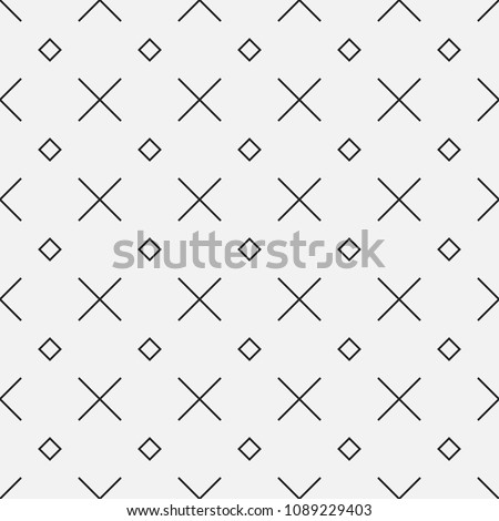 Memphis style seamless vector pattern with X shape and squares. Decorative texture with geometric shapes. Repeated minimal backdrop. Monochrome design elements.