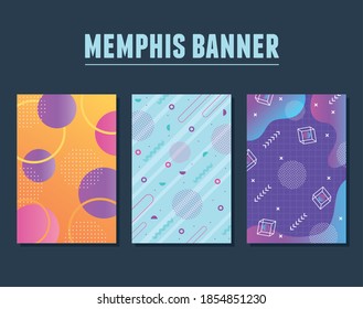 memphis style set with geometric shapes and banners vector illustration
